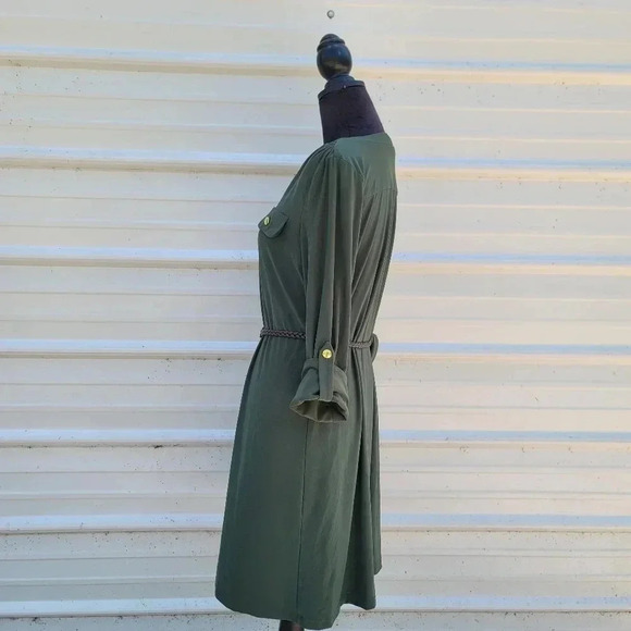 Soho Apparl Tunic Shift Convertible Sleeve Dress Green Stretch Belted Petite L - Picture 3 of 9